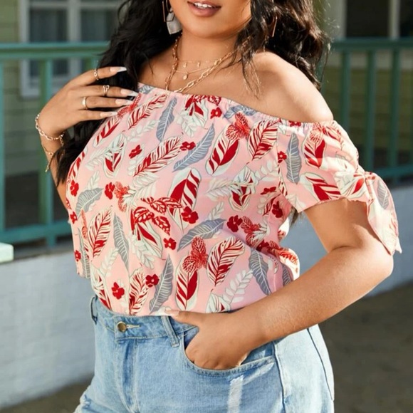 SHEIN - Tropical Print Knotted Bardot Blouse - Size 0X - Picture 5 of 9